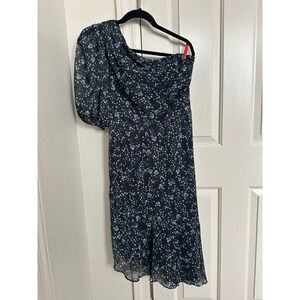 Jenny Yoo Blue Floral Jacqua Assymetrical One-Shoulder Puff Sleeve Dress 10‎